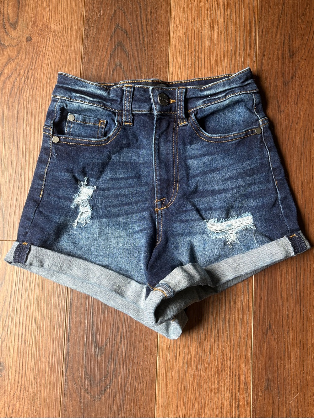 Kendall & Kylie Dark Blue Distressed Roll-Cuff Denim Shorts
